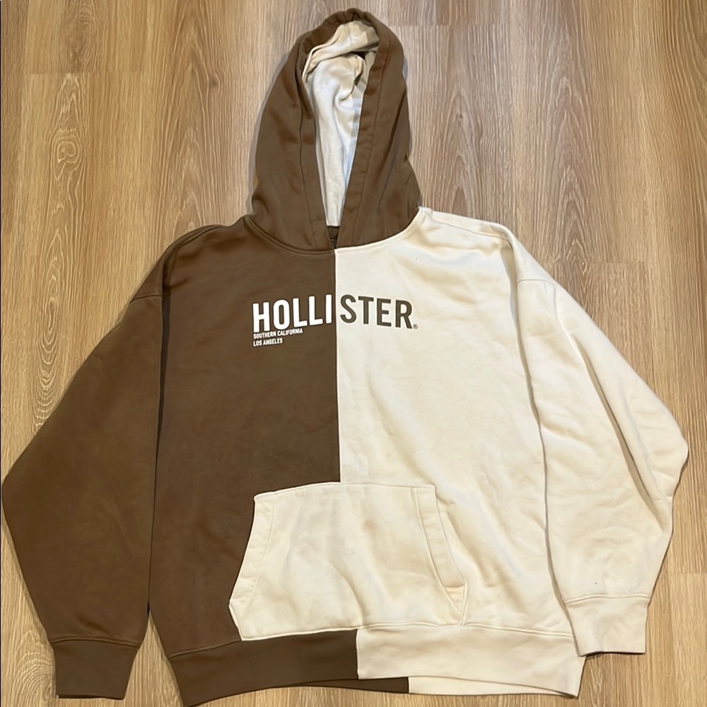Hollister Brown and White Split Hoodie Sweatshirt